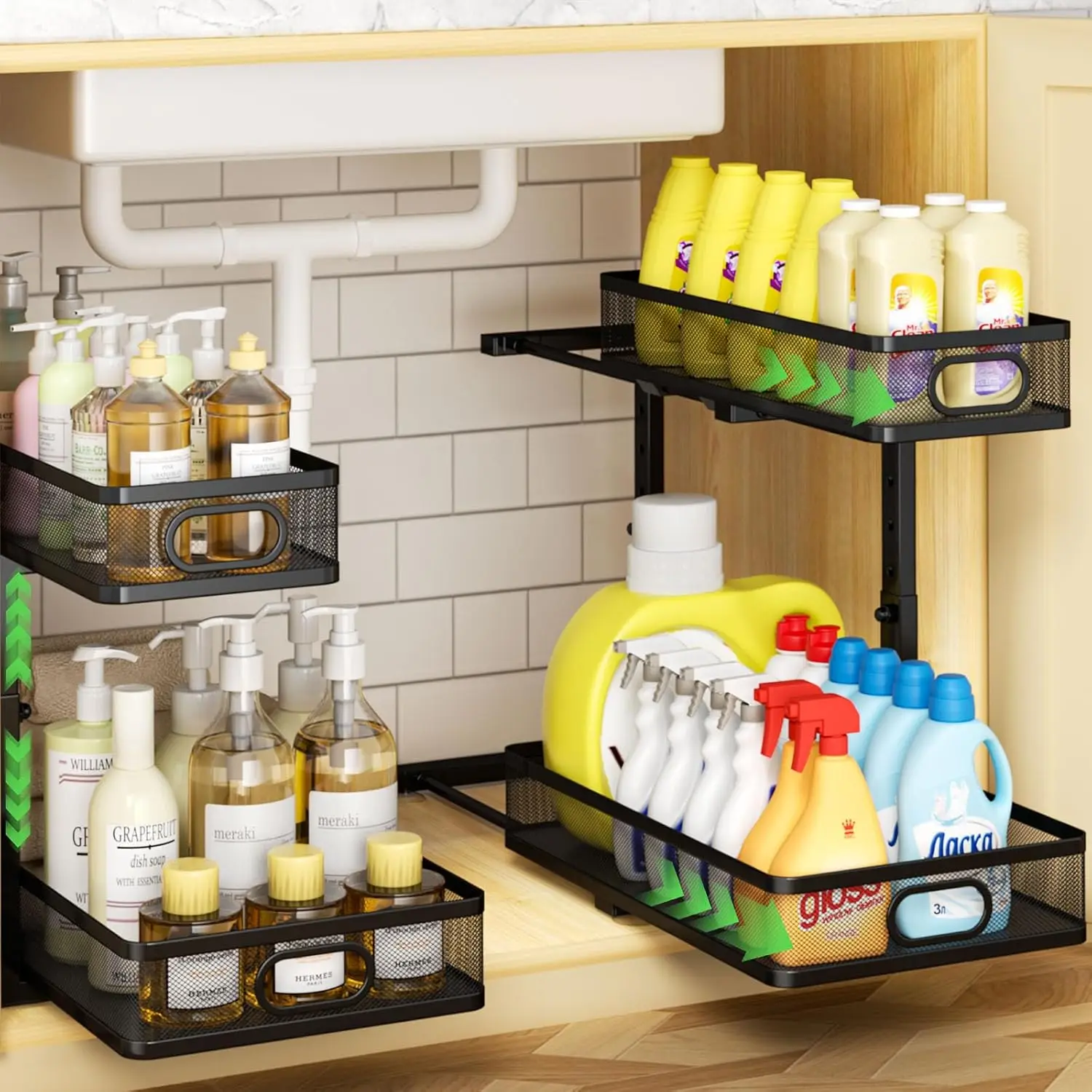 

Under Sink Organizer 2-Pack, Metal 2-Tier Pull-Out Cabinet Shelf with Slide-Out Mesh Drawers, Height Adjustable, Space-Saving