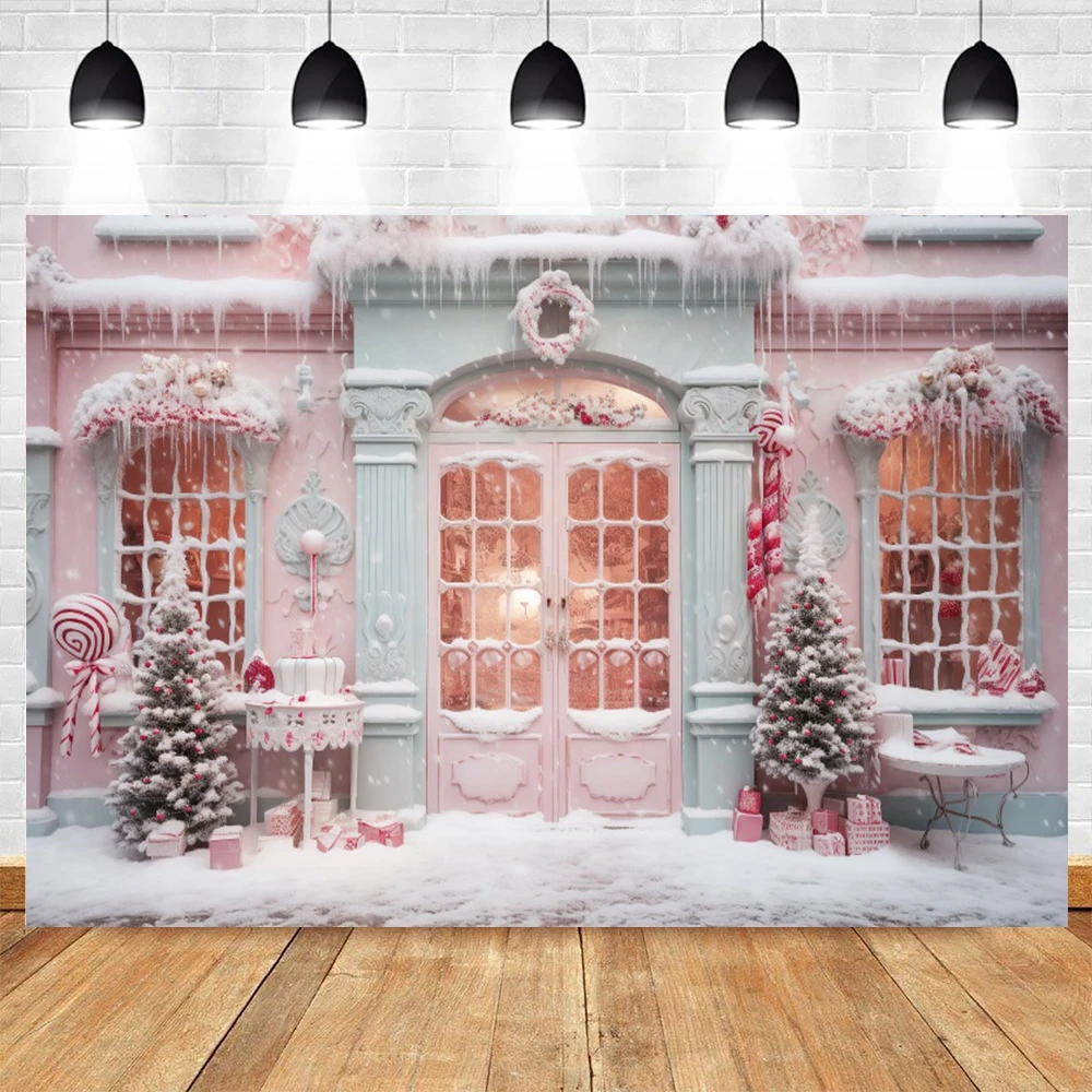 

Christmas Backdrop Pink Candy Store Xmas Tree Gift Snow Baby Portrait Family Party Photography Background Decor Photostudio Prop