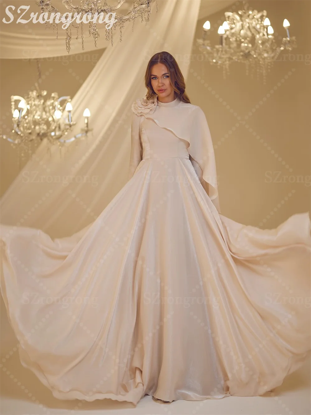 Op maat gemaakte jersey gedrapeerde a-lijn crêpe formele avondjurk zwartloze vloerlengte Saoedi-Arabische jurk met lange mouwen en sleep