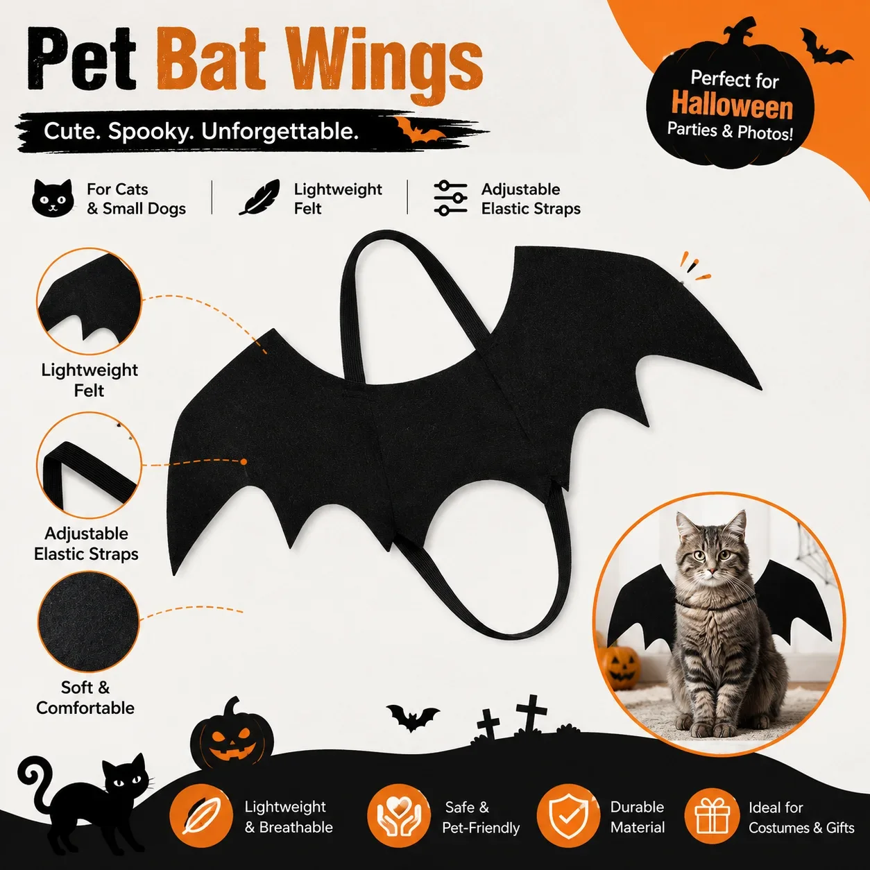 1pc Pet Bat Wings Halloween Costume Lightweight Felt Adjustable Elastic Strap Black Bat Wing Outfit For Cats Small Dogs Holiday Party Photo Prop Pet Cosplay Accessory
