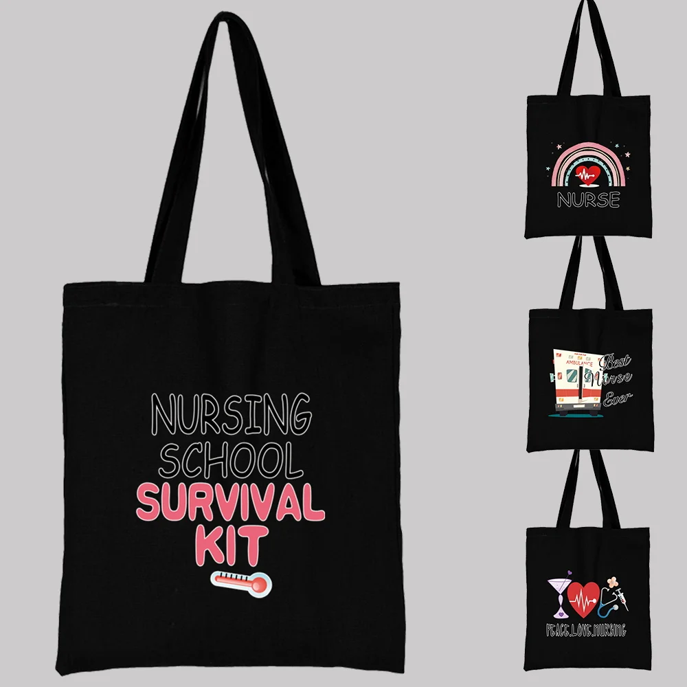 

Women's Black Shopping Bag Casual Commuting Large Capacity Cartoon Nurse Pattern Printed Canvas Shoulder Bag Tote Bag Reusable