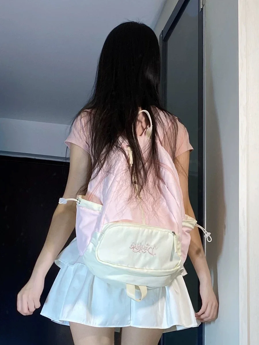 American College Style Sweet School Bag Contrast Color Middle And High School Students Backpack Soft Nylon Waterproof Large Size