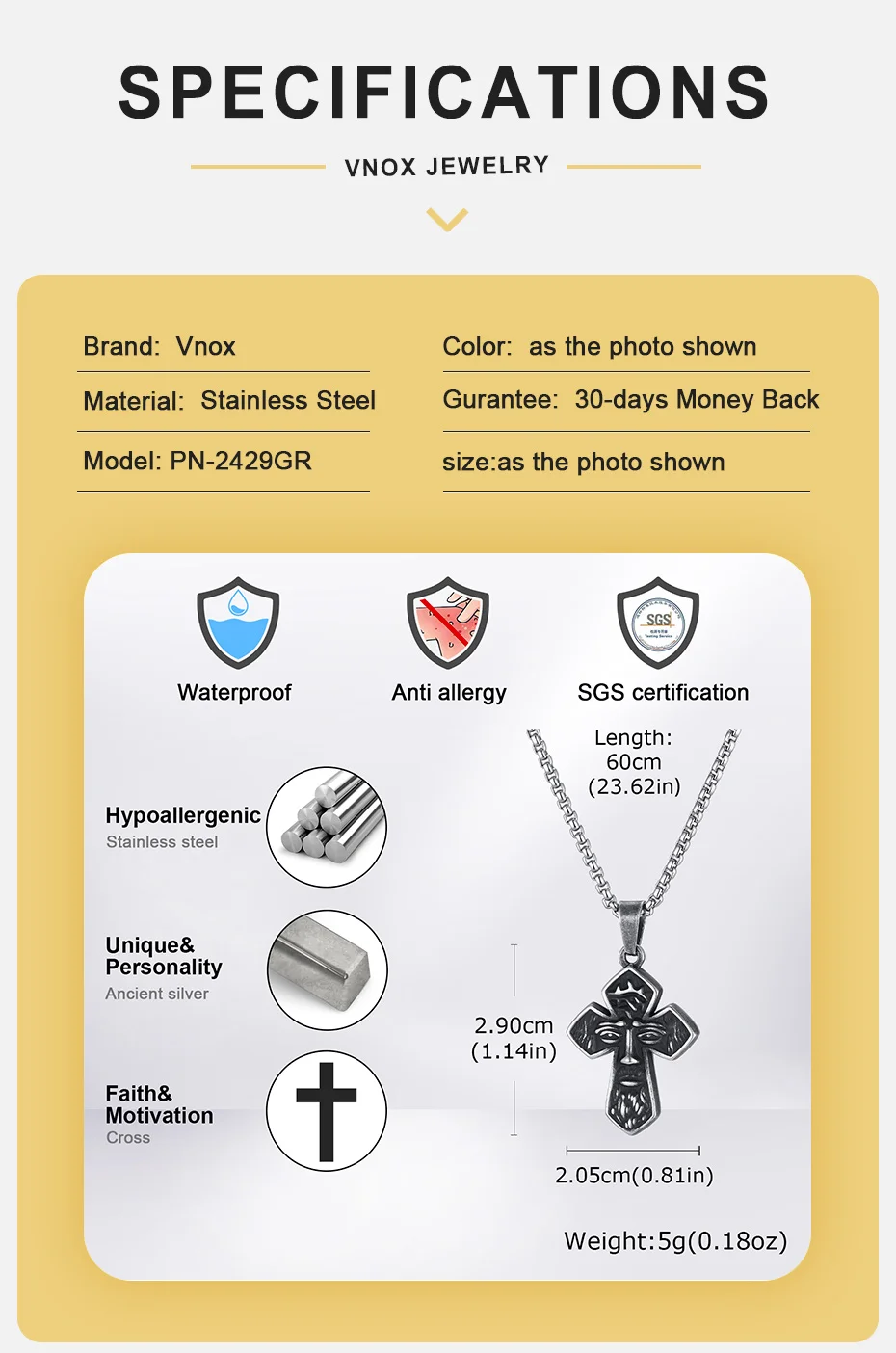Vnox Jesus-Gesicht-Kreuz-Anhänger-Halskette für Männer, Retro-Religiöse Edelstahl-Box-Ketten-Halsketten, Schmuck, Christliches Geschenk – Detail 4