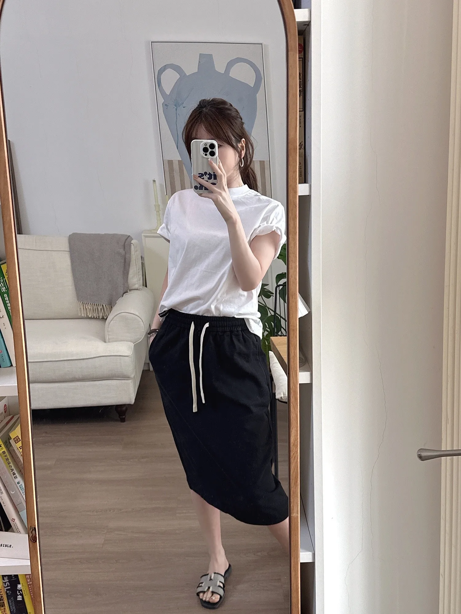 

Весенняя универсальная юбка средней длины с эластичным поясом на шнурке, карманами и прямым кроем H-образной формы, модная женская модель