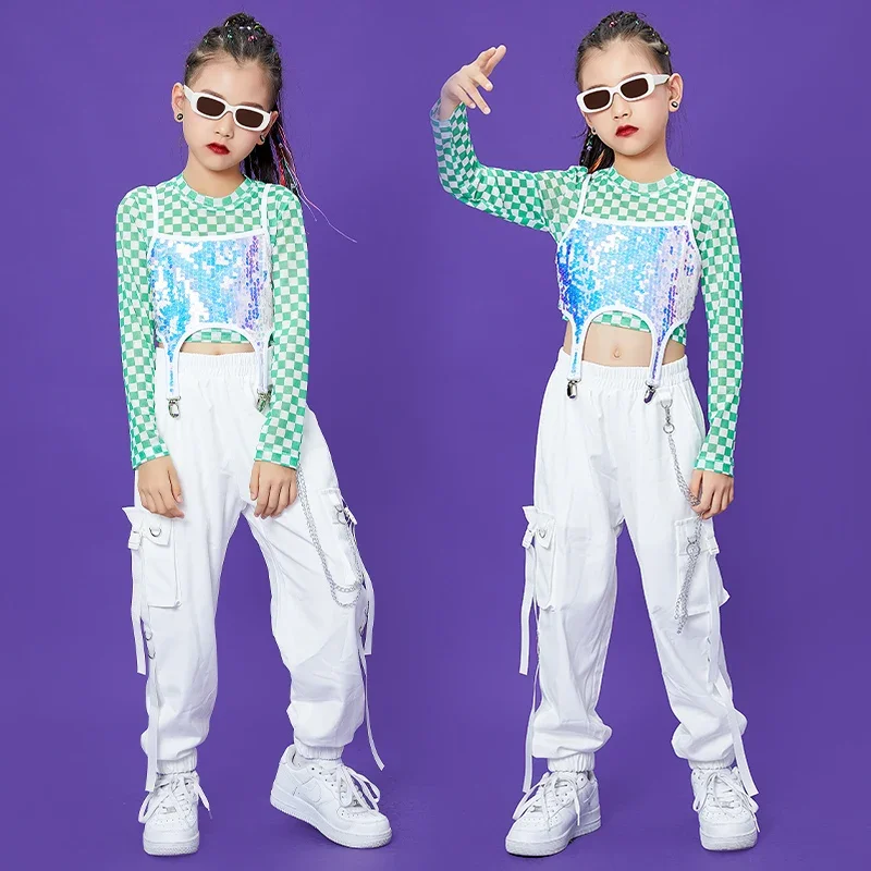 Traje de actuación de Jazz moderno para niños, ropa de escenario, disfraces de baile de Hip Hop para niñas, chaleco de lentejuelas, pantalones blancos, 2024