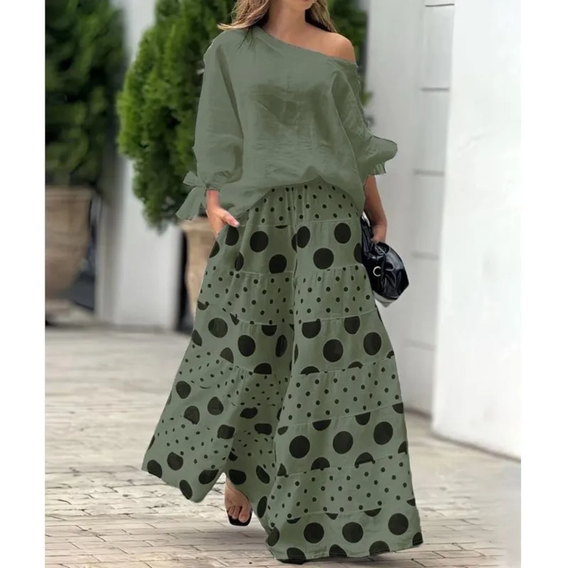 春夏のファッションプリント女性のセットツーピースボヘミアンカジュアルワンネックオフショルダー長袖トップルーズキュロットスーツ女性