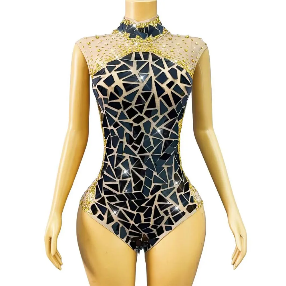 

Luxury Designed Sparkly Mirrors Rhinestones Sexy Mesh Bodysuit Women Dancer Singer Performance Party Show Photoshoot Outfit