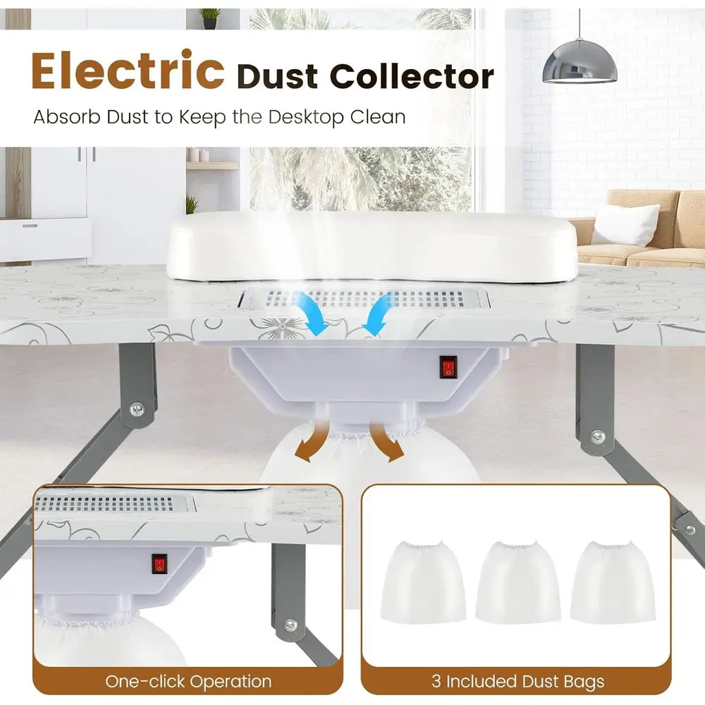Portable Electric Dust Collector Manicure Table with USB LED Lamp, Wrist Support, Lockable Wheels, White