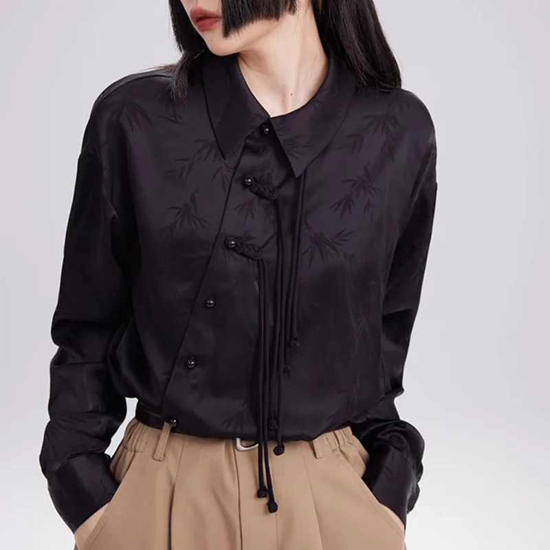 Chinese Style Satin Jacquard Shirt Placket Buckle Black Shirts Autumn Chic Tassel Blouse Temperament Office Women\'s Clothing