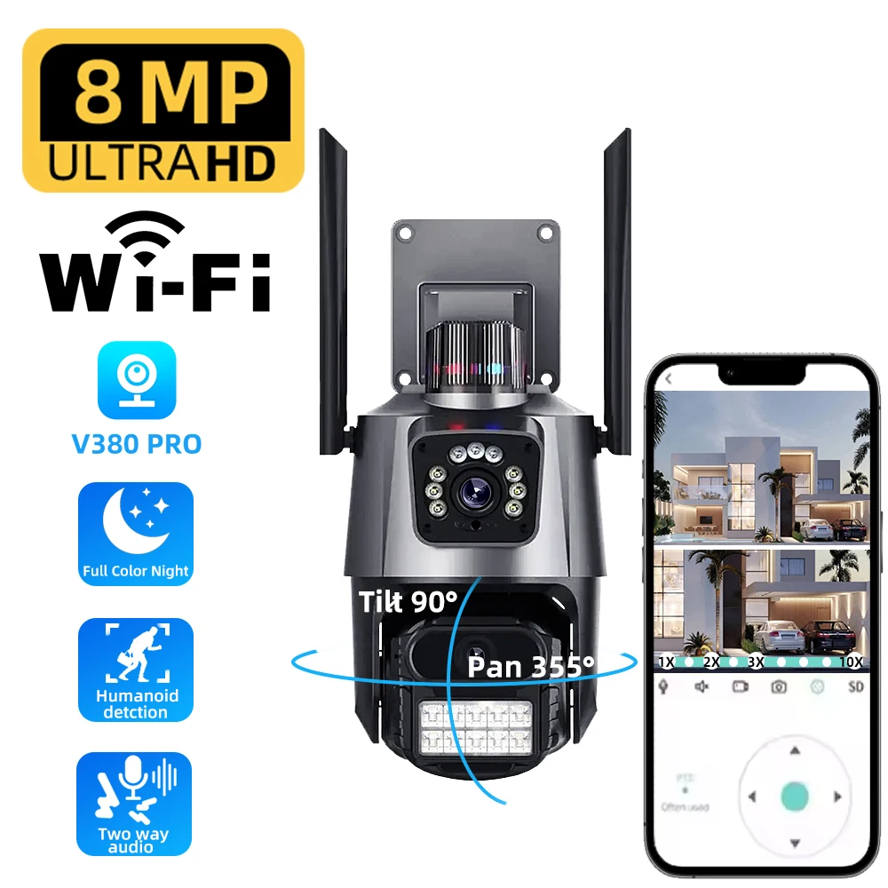 4K HD 8MP Outdoor Security Camera Dual Lens PTZ Auto Tracking WIFI Wireless IP Cam Human Detection Night Vision Waterproof CCTV