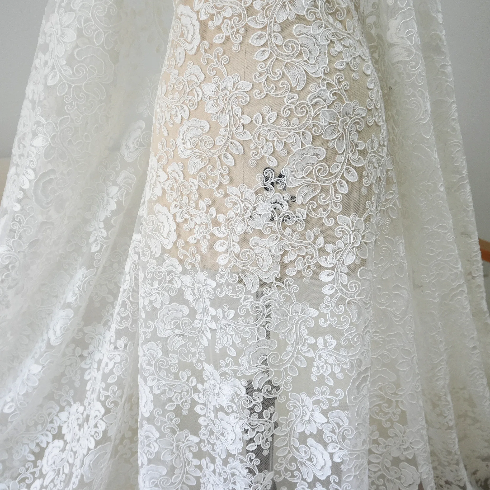 Ivory Tulle Appliqued Material Wedding Dress Tulle Embroidered Bone Lace Appliqued Fabric