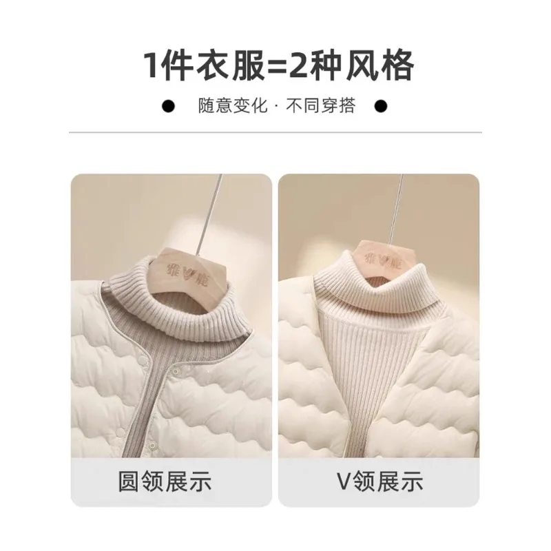 여성용 가을/겨울 경량 다운 재킷용 내피 - 반팔, 라운드 넥, 몸에 꼭 맞는 디자인, 칼라 없음