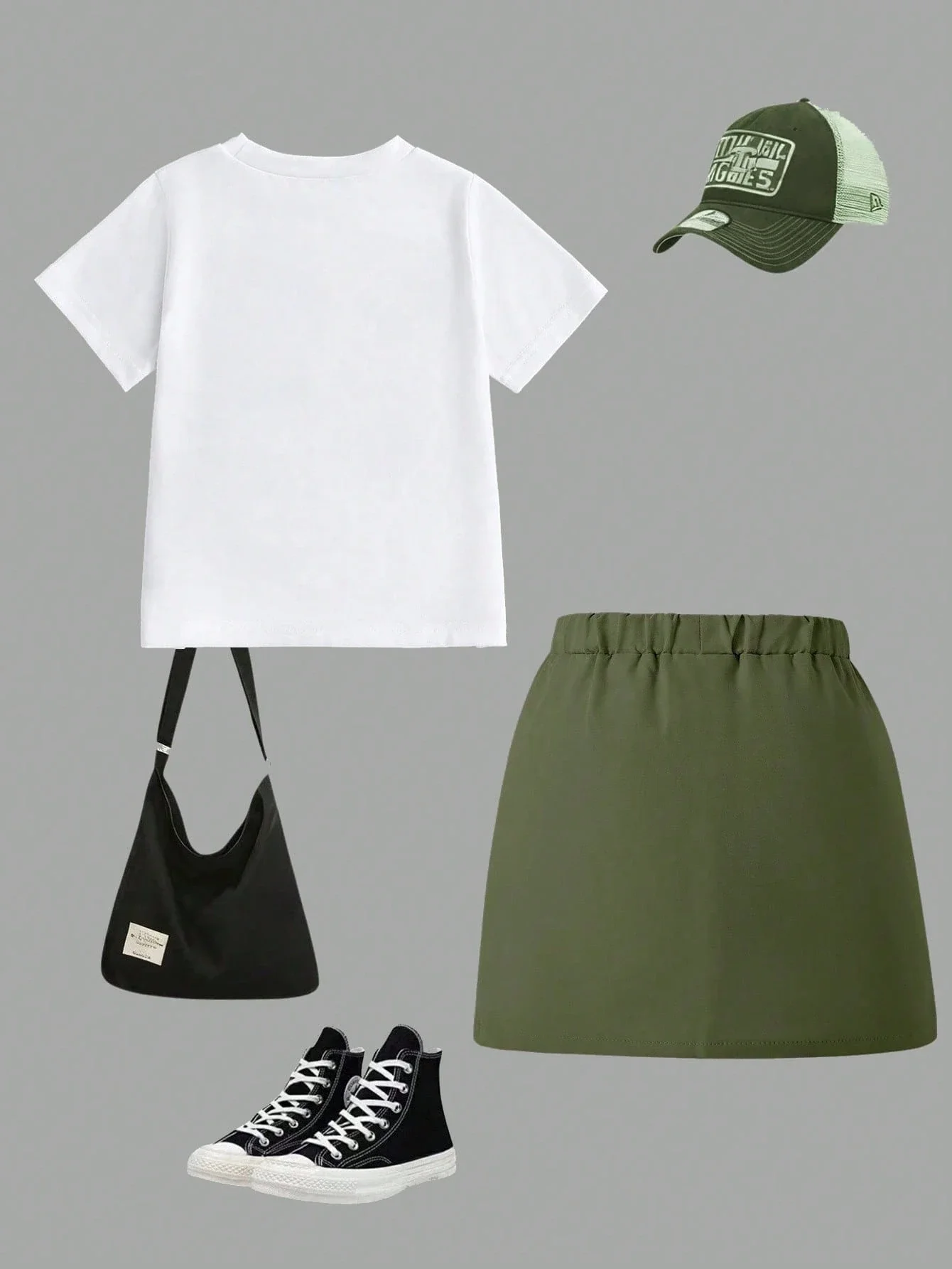 

Women's Casual Streetwear Set: White Graphic Tee + Olive Cargo Skirt