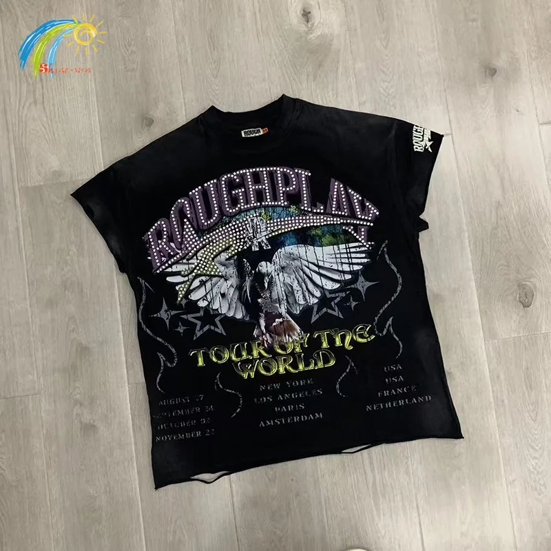 

Vintage Washed Black Damaged Hole RoughPlay Tank Tops Men Women Eagle Print Logo Flash Diamond Rough Play Sleeveless T Shirt