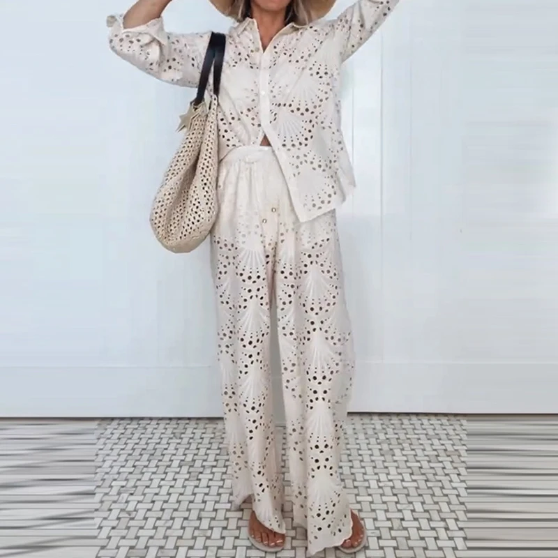 Temperament Casual Loose Vacation Outfits Elegant Solid Women's Commute Sets Autumn New Hollow Out Long Sleeve Shirts&Pants Sets