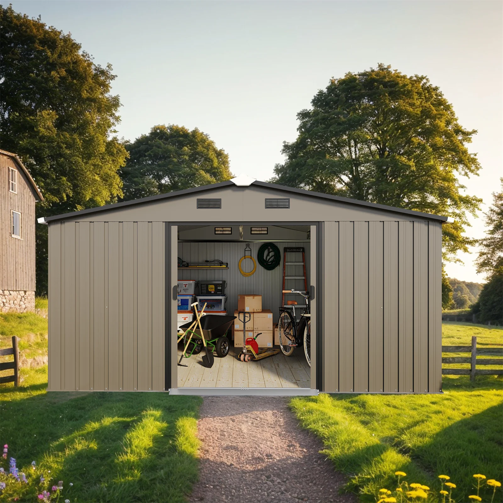 10x12ft Outdoor Tool Storage Shed with Lockable Door and Sliding Door for Garden,Backyard