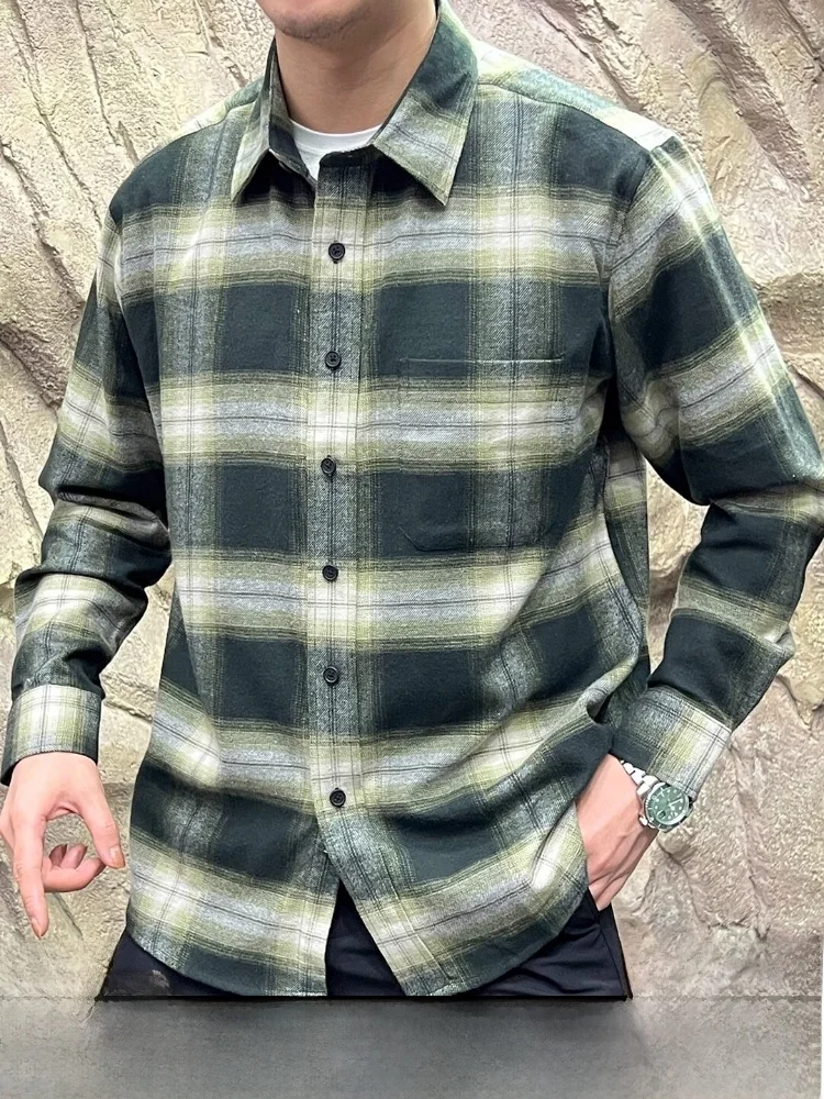 

Washed Cotton Flannel Long Sleeve Shirt Men's Retro Casual Plaid Shirt Breathable Standard Fit Youth Autumn Winter Fashion