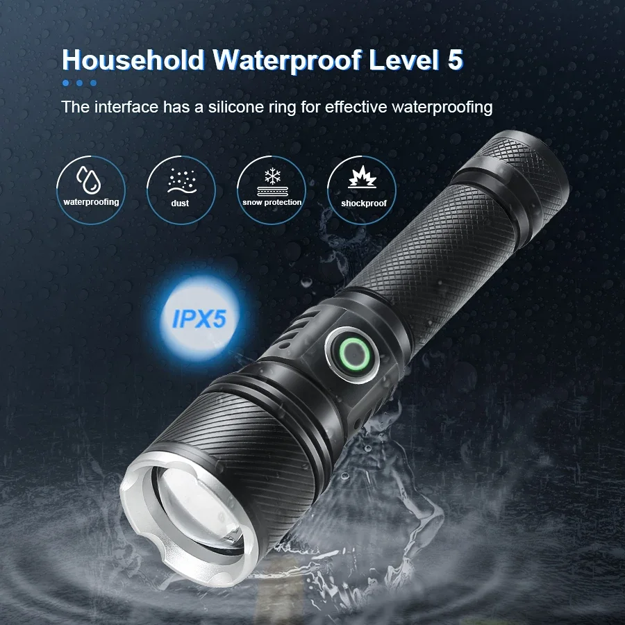 Powerful XHP50 LED Flashlight with 18650 Battery 2000mAh USB Rechargeable Zoom Torch Lamp Strong Light Outdoor Camping Lantern