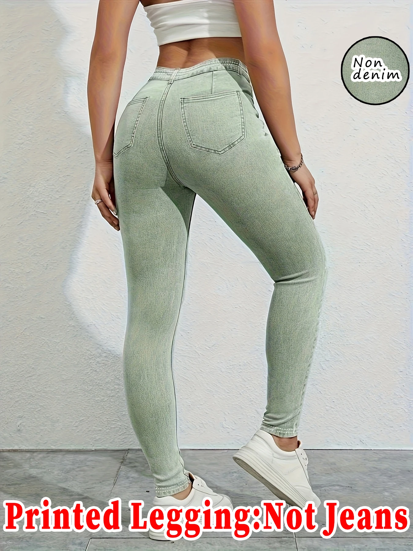 Women Printed Leggings Not Denim Fabric, Fake Pocket & Button Print Design Pants, High Elastic Fashion Slim Fit Skinny Casual