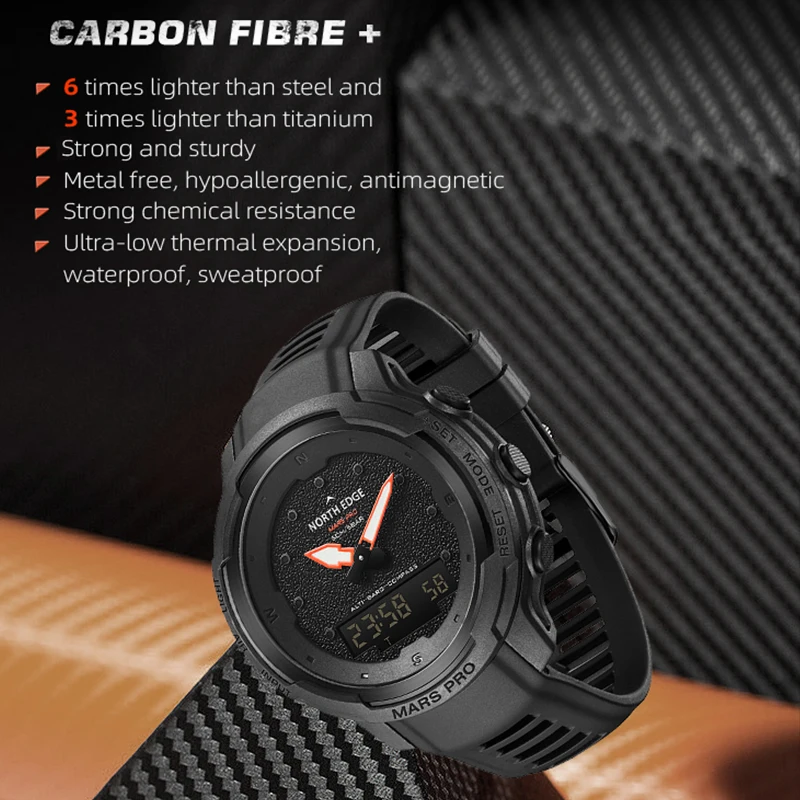 North Edge Mars Pro Outdoors Sports Watch Carbon Fiber Waterproof Clock Altituder Compass Lightweight Watch Reloj Hombre