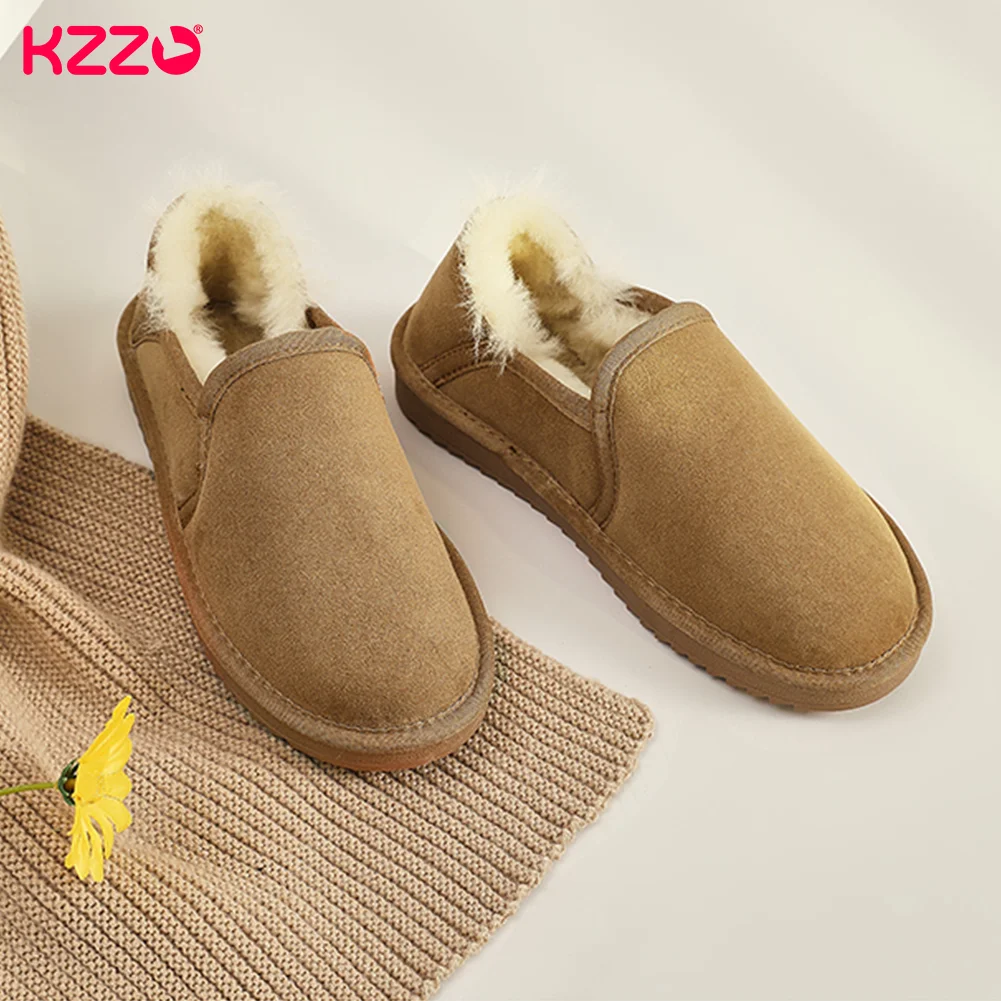 KZZO New Women Sheepskin Leather Mini Snow Boots Australia Natural Wool Fur Lined Short Ankle Winter Warm Lazy Shoes Non-slip