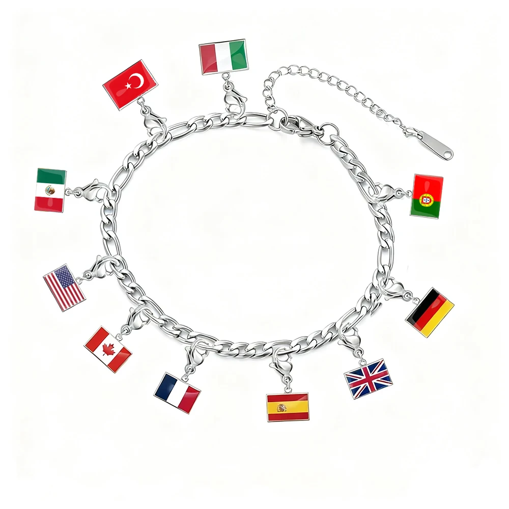 HIPEE 10*6.6mm Country Flag Charms Bracelet Stainless Steel Fashion Mother Day Gift Jewelry Recording Your Travel Memories
