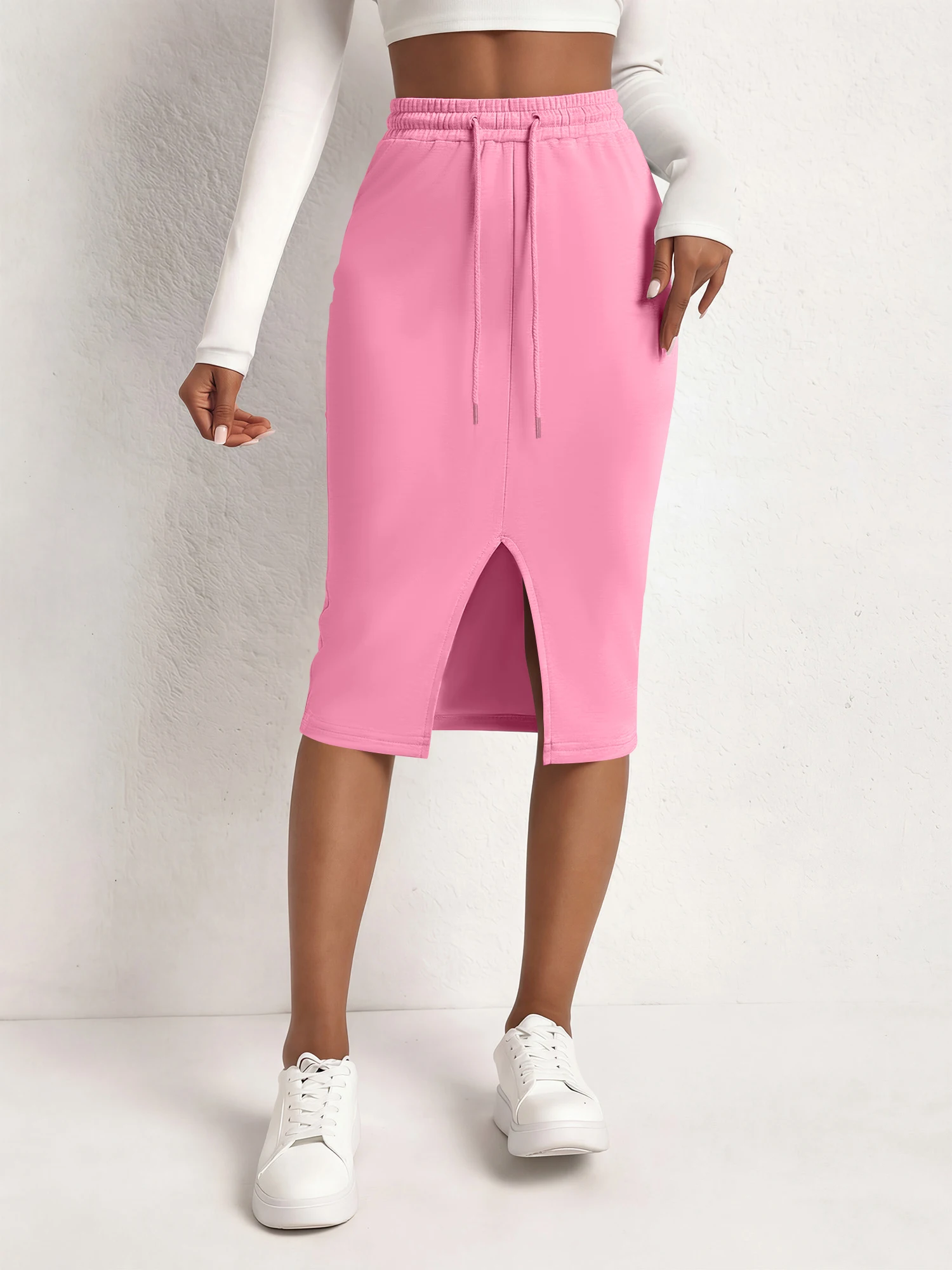 Streetwear Women Front Slit Midi Pencil Skirt Solid Drawstring Elastic Waist Bodycon Skirt