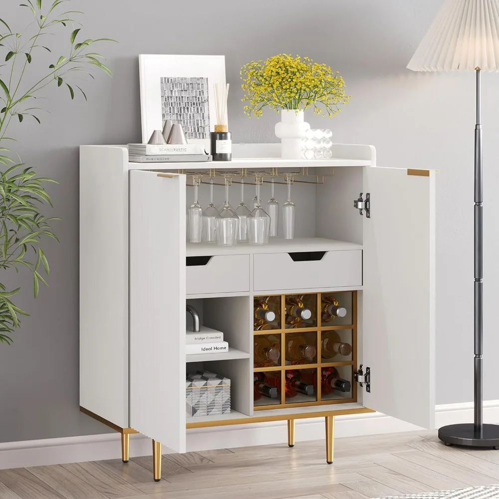 Coffee Bar Cabinet with Drawers & Shelf, Fluted 2 Door Buffet Sideboards, Freestanding Liquor Cabinet with Wine Rack & Glass Hol