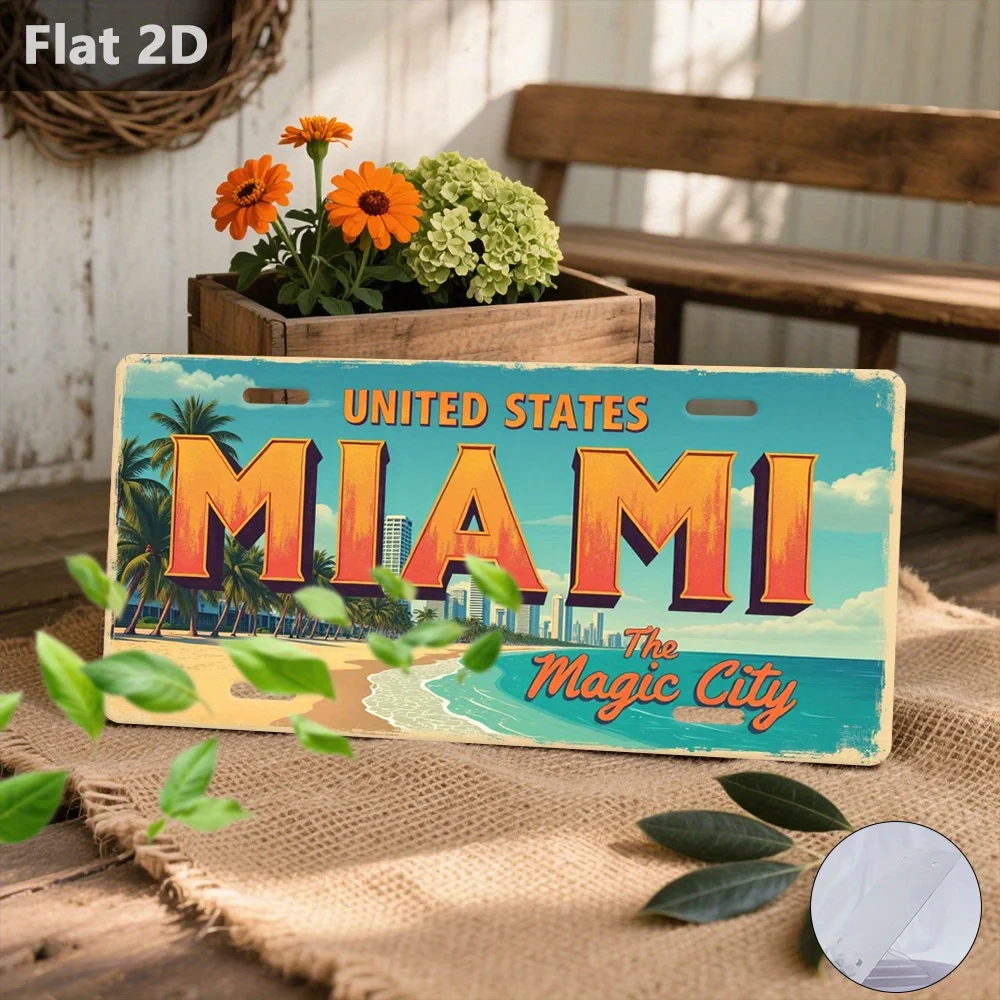 2D Flat Decorative License Plate 30.48x14.99cm Vintage Miami Retro Poster American Style Metal Sign License Plate Shape Outdoor
