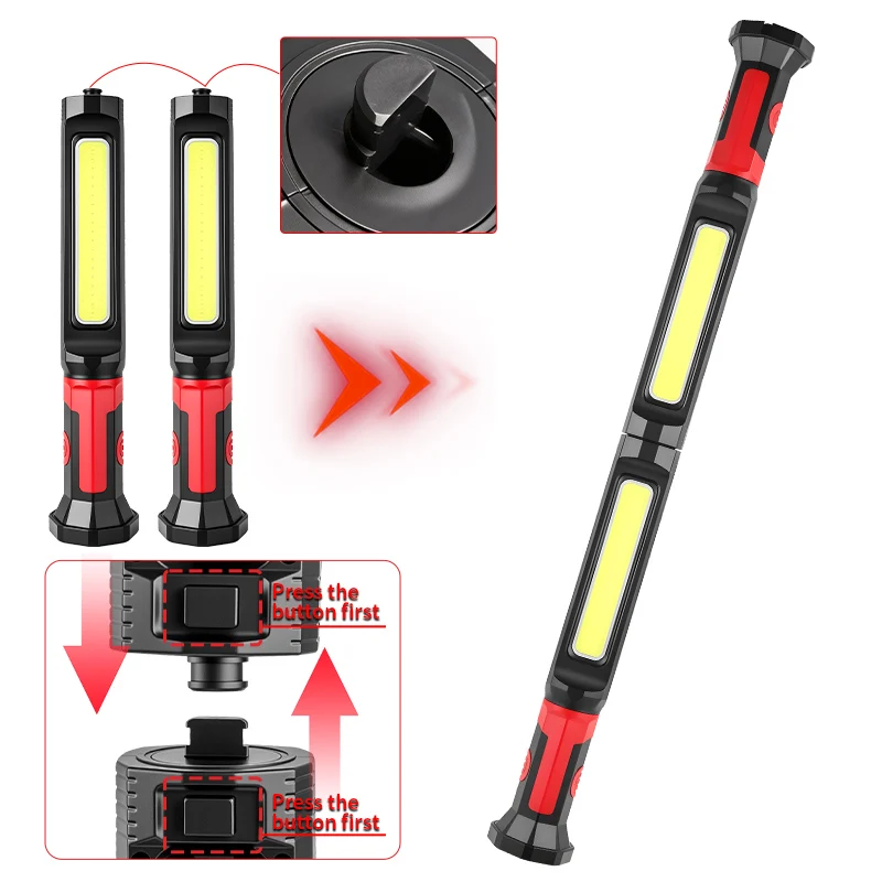 Super Bright 2-in-1 Work Light Type-C Rechargeable COB Long Strip Magnetic Flashlight White Red Light Car Repair Light With Hook