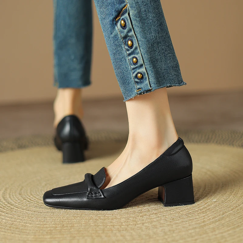 Women Pumps Shoes Genuine Leather 5m Heels Elegant Fashion Concise High Quality Lady Shoes Square Toe HIgh Thick Heel A130