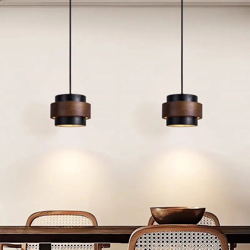Nordic Wabi Sabi Cream Style Walnut Finish Travertine Pendant Light for Dining Room Bar Bedroom