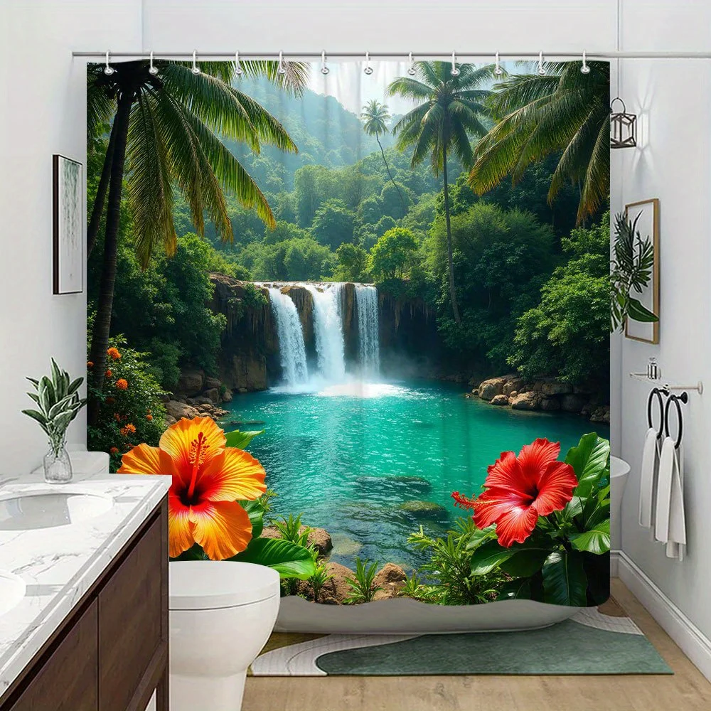 Cortina de ducha de cascada Tropical, palmeras, flores de hibisco, escena de jungla, decoración natural, conjunto de cortina de baño de tela impermeable para el hogar