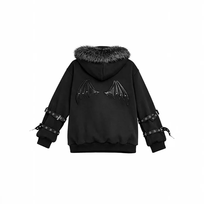 QICHE 2026 New Ladies Hooded Zip Up Cardigan Dark Cross Leather Tag Fur Collar Functional Belt Buckle Sweatshirt Outerwear