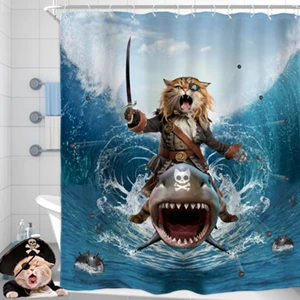 Funny Cat Shower Curtain Cool Pirate Riding Shark Surfing Nautical Ocean Waves Bathtub Curtains Waterproof Polyester Bathroom