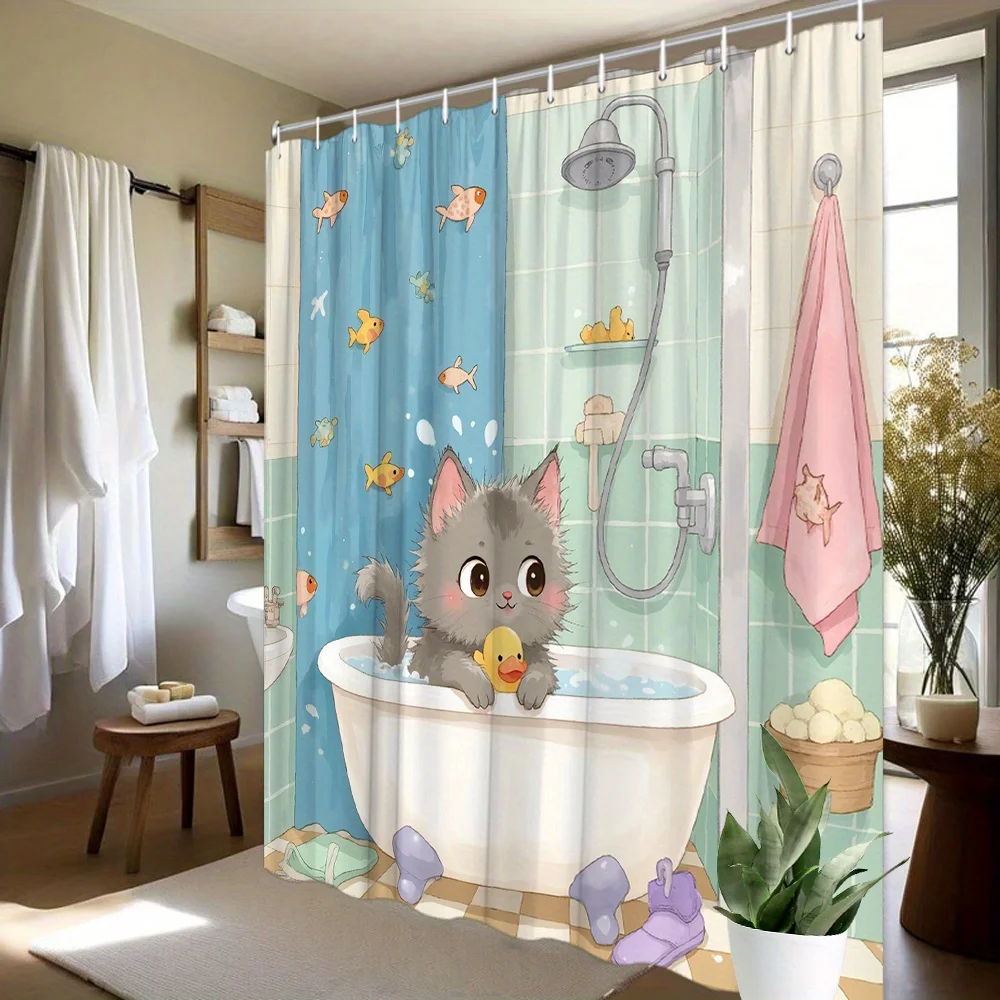 Cartoon Gray Kitten Bathing Rubber Duck Goldfish Print Shower Curtain Waterproof Mildew Resistant Polyester Fabric With Free Pla