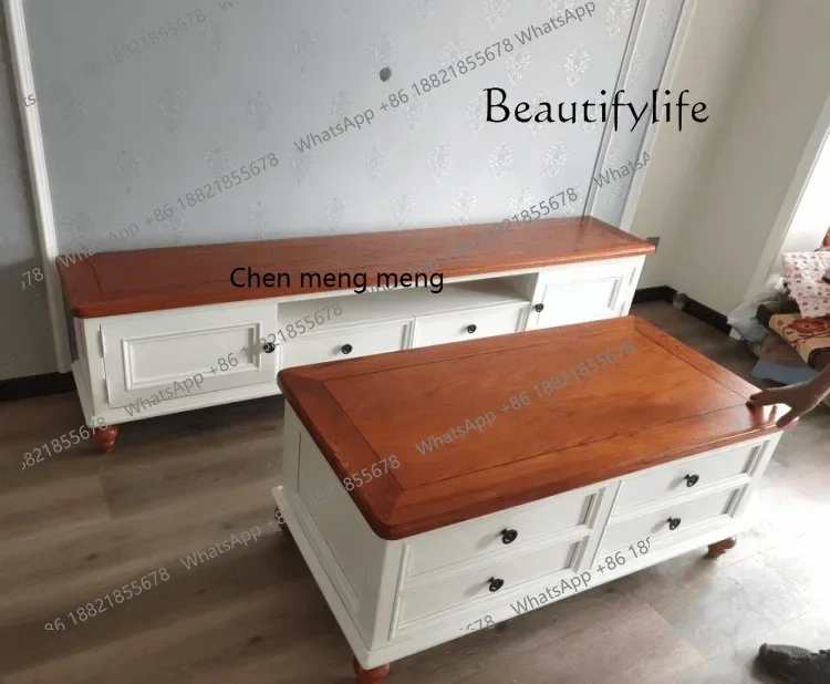X Solid Wood TV Cabinet and Tea Table American Floor Cabinet Environmental Protection Solid Wood Living Room Country Furniture