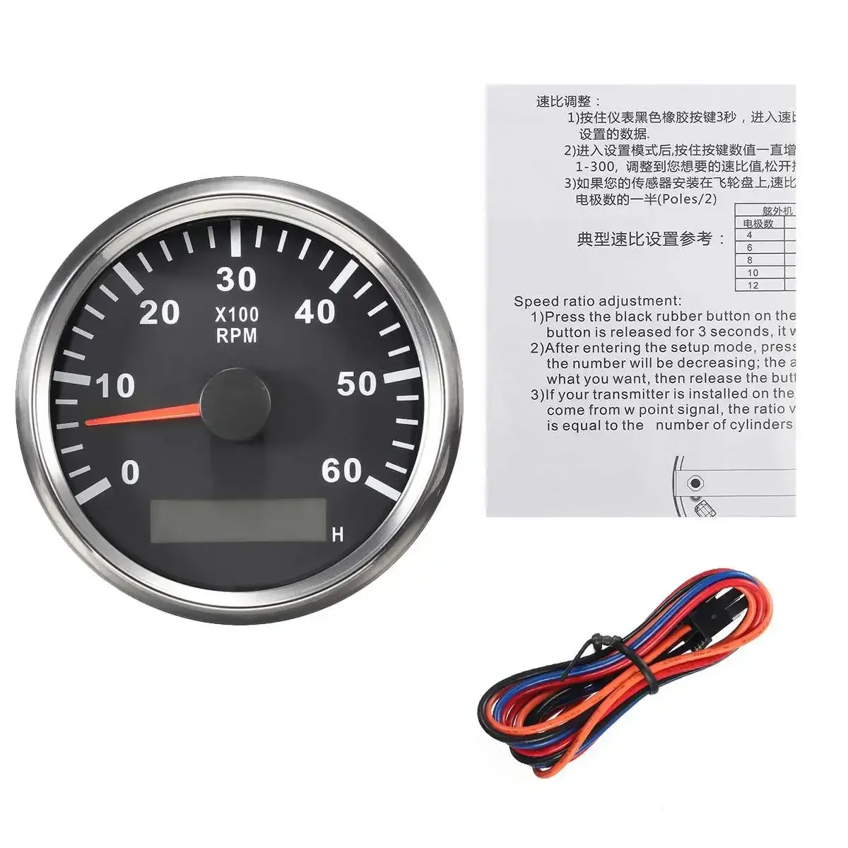 9-32V 6000 RPM Tachometer Black Boat Tachometer Marine Tacho Meter Gauge Hourmeter