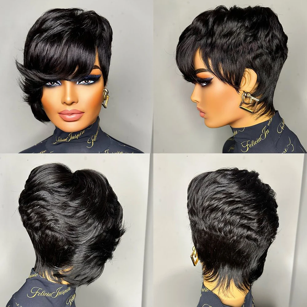 باروكات شعر بشري قصير، باروكة شعر برازيلي بقص عابث، مصنوعة آليًا بالكامل مع غرة للنساء، باروكات شعر بشري مفرود بطبقات