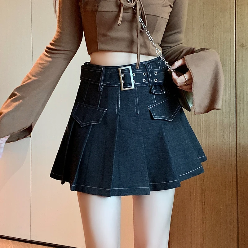 

Vintage Blue Denim Mini Skirts Women Ruffles Pleated Jean Short Skirts Female Fashion 2024 Streetwear Mujer Faldas