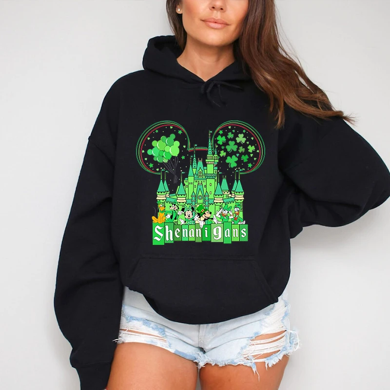 Mickey & Friends St Patrick's Day Printed Women's Hoodie Casual Sports Sweater Loose Top