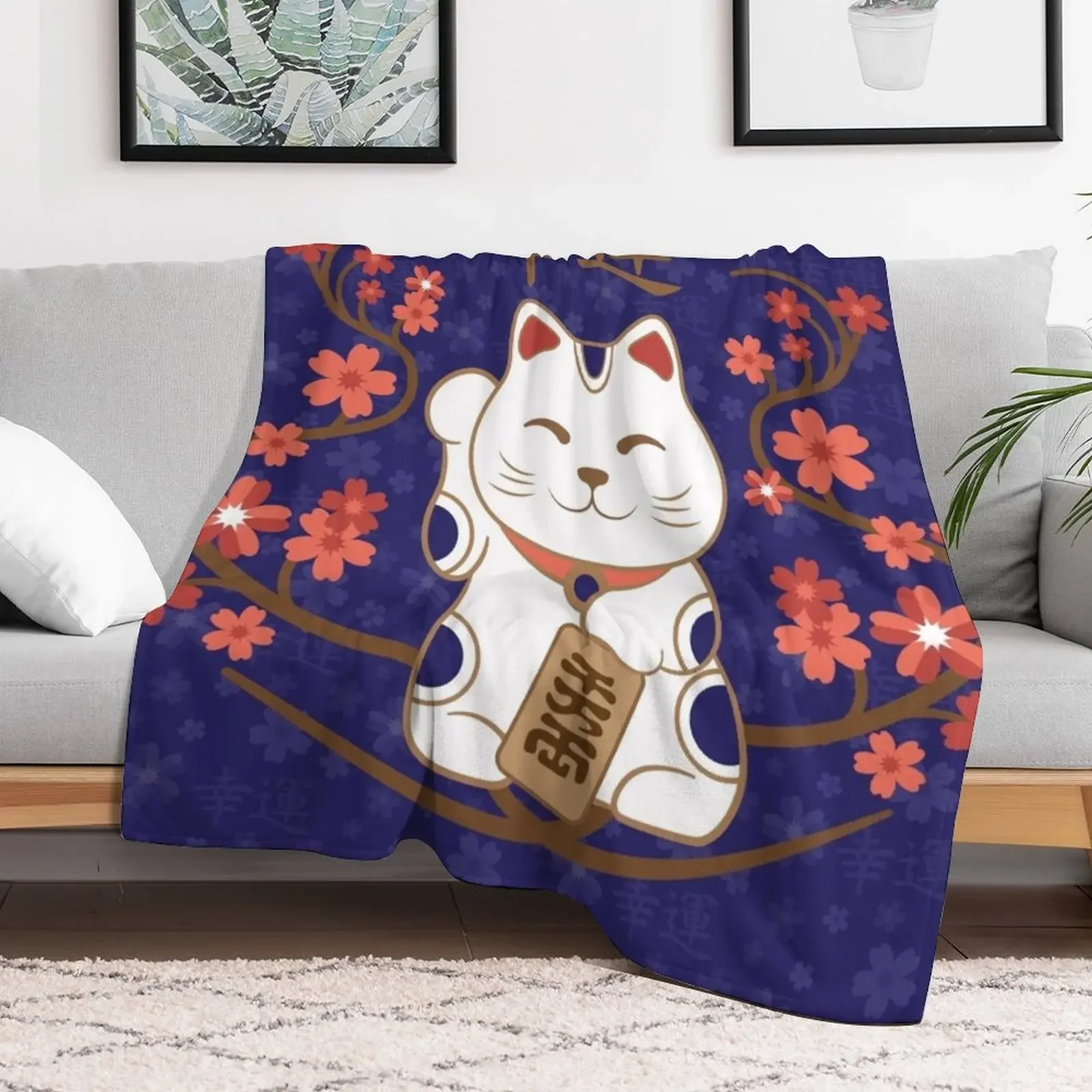 Maneki-neko cat with good luck kanji Throw Blanket blankets and throws Shaggy Luxury Blankets