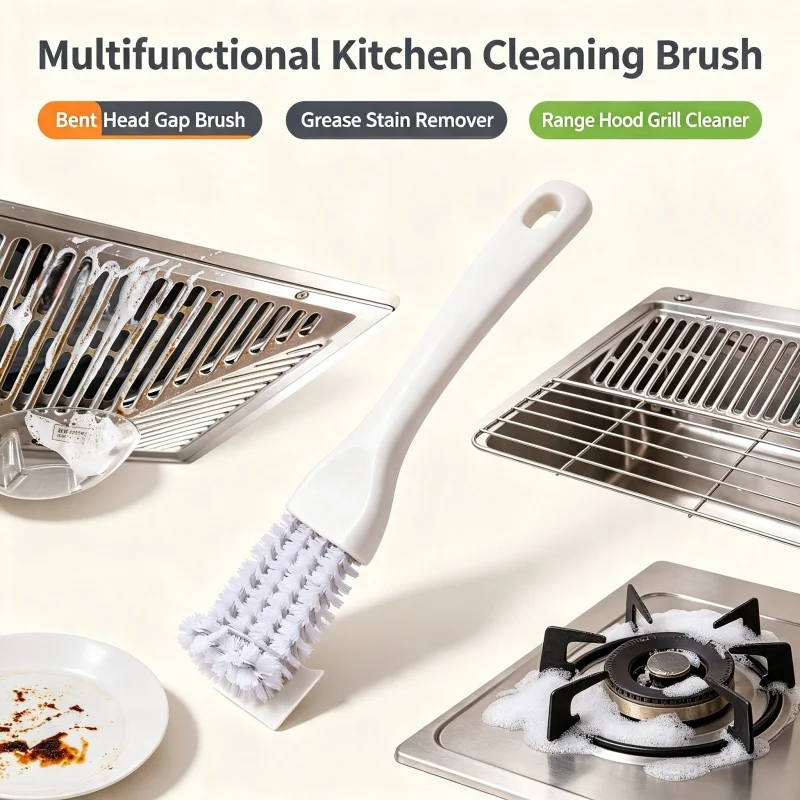 Multi‑Function Elbow Cleaning Brush Hard Bristle Kitchen Scrub Brush With Scraper For Stove Range Hood Gap Grease Cleaning