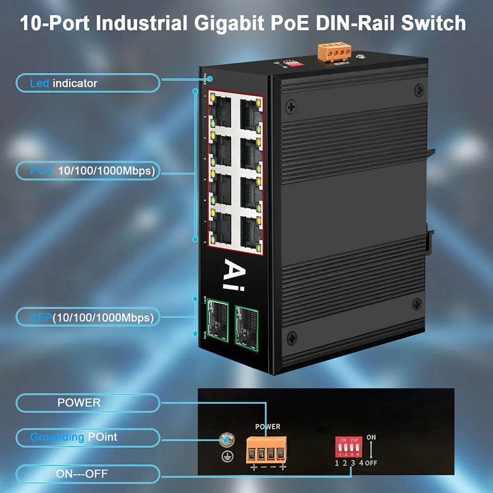 Industrial Ethernet Switch Gigabit POE Industrial Switch Network 6/10 Port 10/100/1000Base-T DIN IP40 Outdoor Network Switch