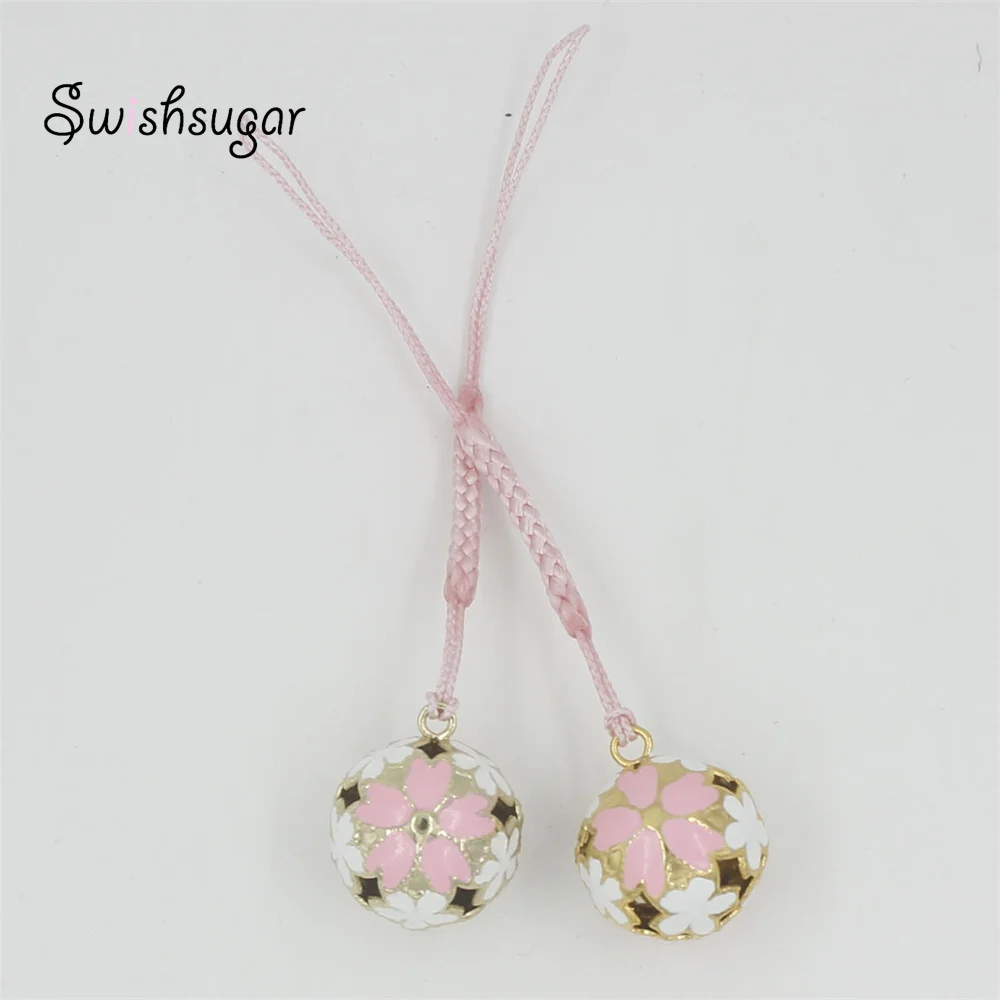 Hollow Japanese Temple Sakura Flower Jingle Bell Charm Pendant With Rope Jewelry Craft Accessories Decor