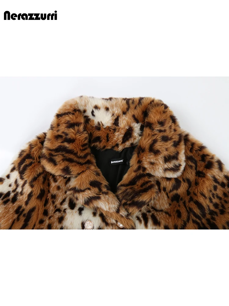 Nerazzurri Autumn Winter Colorful Leopard Print Thick Warm Hairy Faux Fur Coat Women Double Breasted Luxury Fluffy Jacket 2023