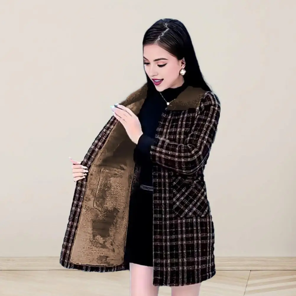 Women Winter Coat with Side Pockets Turn-down Collar Single-breasted Mid Length Overcoat Jacket Plaid Thick Outerwear