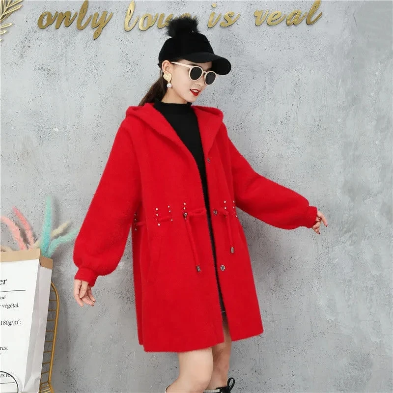 6XL Large Size Middle-aged Mother Imitation Mink Velvet Coat Loose Fashion Hooded Knitted Cardigan Women Long Sweater Overcoat