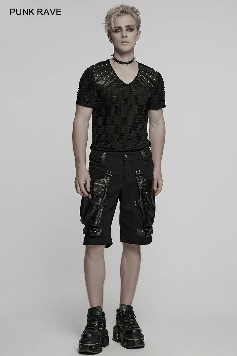 PUNK RAVE Men's Punk Twill Woven Wrinkled Faux Leather Shorts 3D Oversized Pockets Visual Impact Cool Casual Trousers