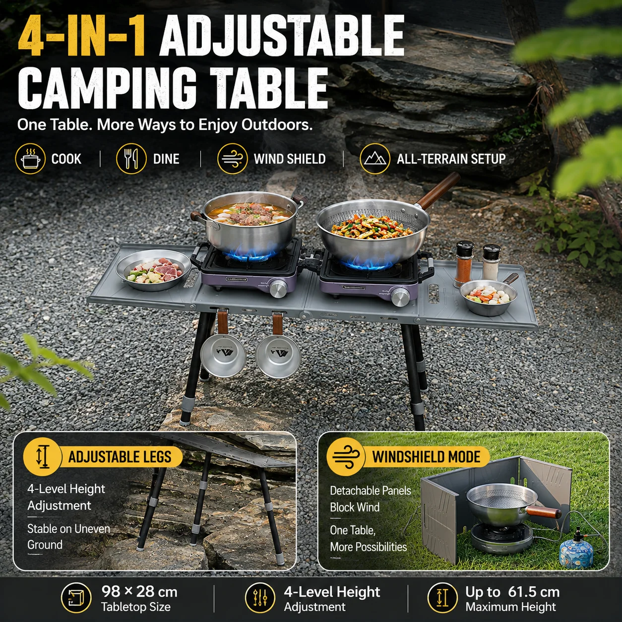 Camping Cooking Table With Windshield - Folding Camping Table, Lightweight Outdoor Table